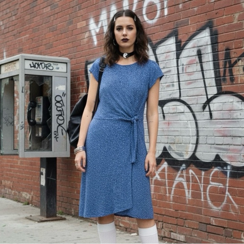 Loft Outlet Blue Spotted Midi Faux-wrap Dress 14 Petite